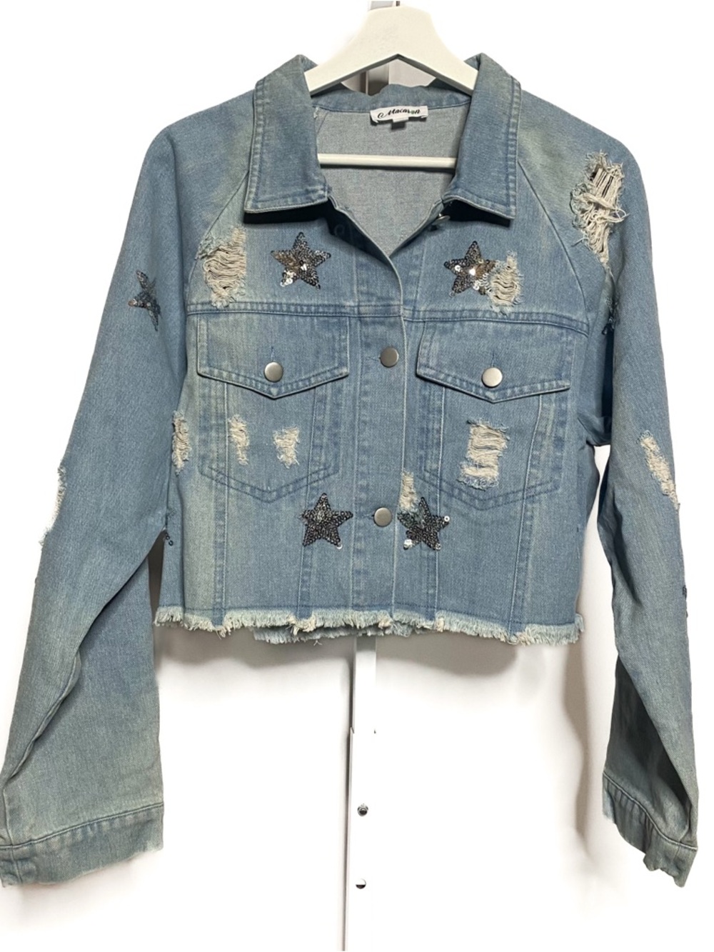 Macaron Women's Light Wash Distressed Cropped Denim Jacket with Sequin Stars • S